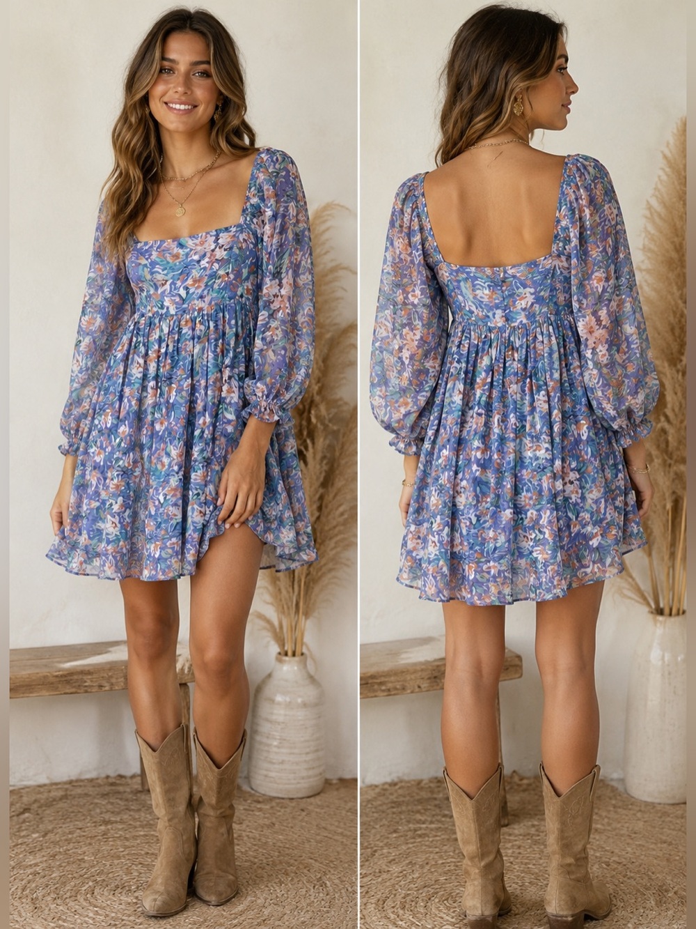 Storia Lavender Floral Square-Neck Dress